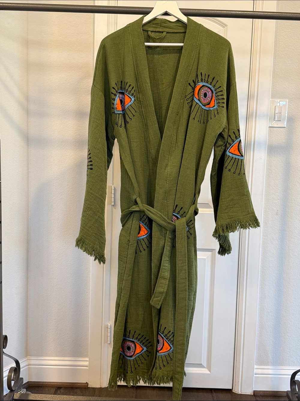 NWOT Olive Green Embroidered Eye Robe with Fringe Belt FREE SIZE